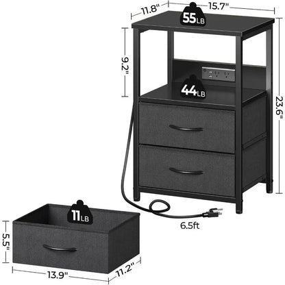 Nightstand with Charging Station, Bedside table with LED Lights, Night stand Fabric Drawers, Storage End Table for Bedroom