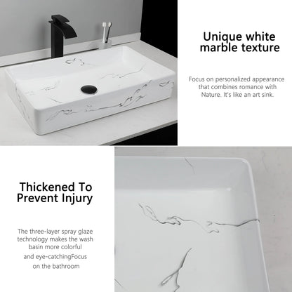 ZAPPO Rectangle Marble Bathroom Vessel Sink Above Counter Bowl Sinks for Bathrooms Porcelain Vessel Sink with Faucet and Drain