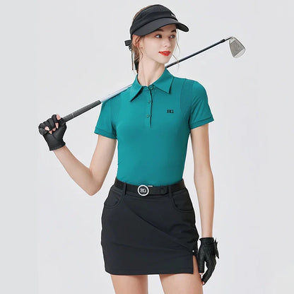 Blktee Korean Women Golf Shirts Sports Tops Summer Slim Lapel T-shirt Ladies Split Pencil Skort Pleated Skirt Culottes Golf Wear