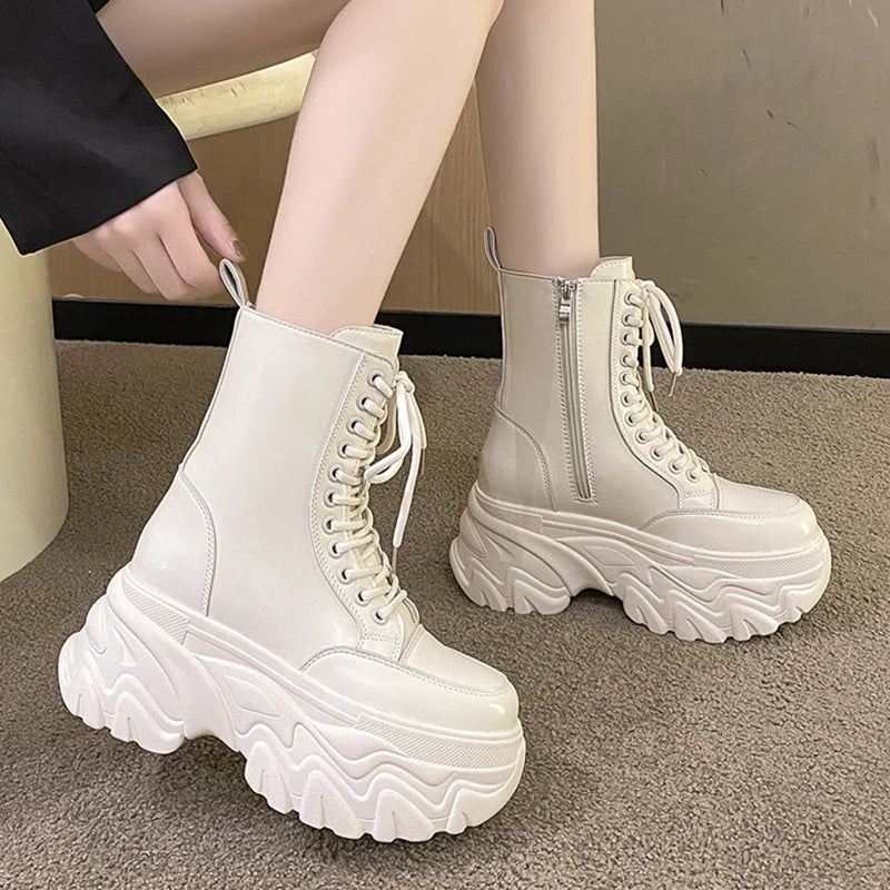 Punk Super High Platform Boots Women Chunky Heels Lace Up Motorcycle Boots Woman Black White Thick Bottom Ankle Booties Female