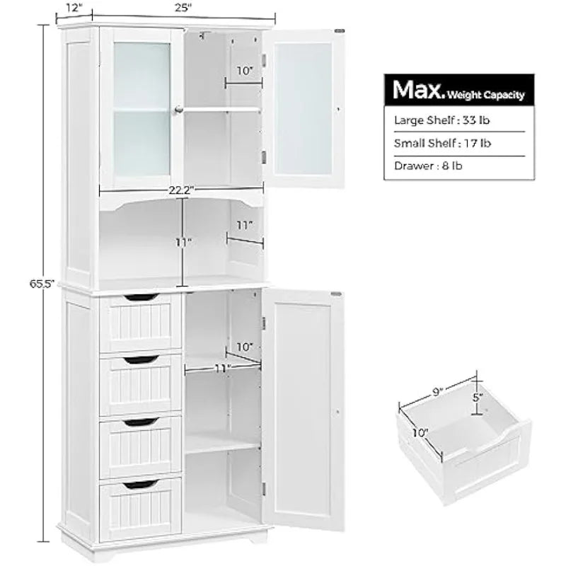 Tall Storage Cabinet with Glass Door, Bathroom Floor Cabinet 65.5″, Kitchen Pantry Storage Cabinet with Open Compartment