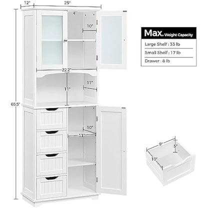 Tall Storage Cabinet with Glass Door, Bathroom Floor Cabinet 65.5″, Kitchen Pantry Storage Cabinet with Open Compartment