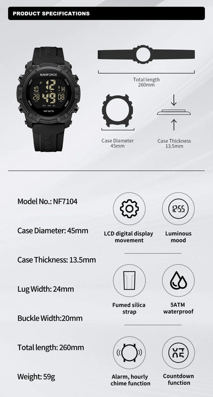 NAVIFORCE NF7104 Men's LCD Digital Casual Date and Week Alarm Waterproof Silicone Strap Electronic Watch