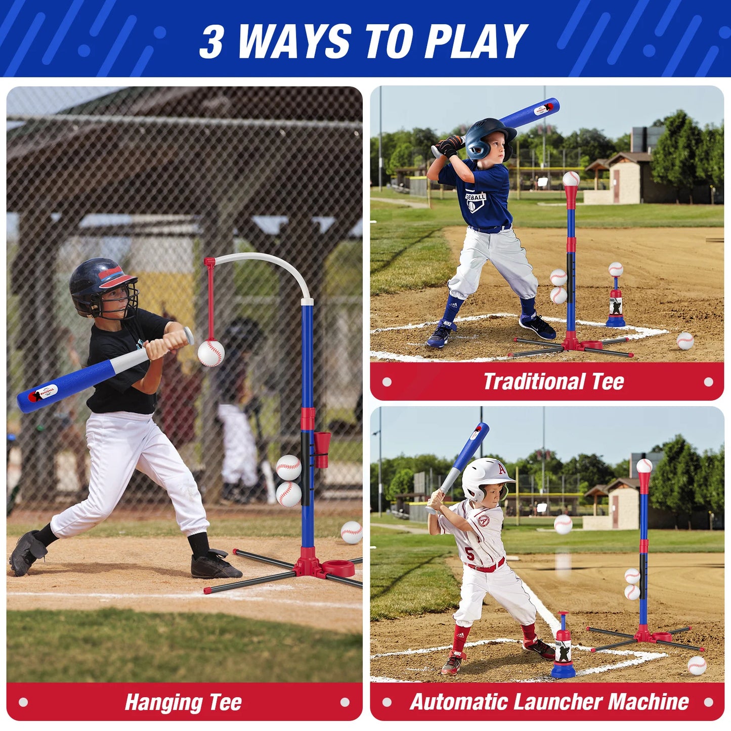 3 in 1 T Ball Set for Kids Baseball with Hanging Tee/Standing Tee/Automatic Launcher/6 Softballs Indoor Outdoor Sport Gifts Toys