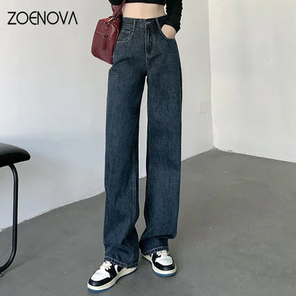 ZOENOVA High Waisted Jeans Y2K Fashion Women Clothing Blue Black Straight Leg Denim Pants Trousers Mom Jean Baggy Trousers Tall