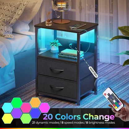 Nightstand with Charging Station, Bedside table with LED Lights, Night stand Fabric Drawers, Storage End Table for Bedroom