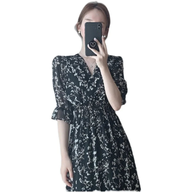 Vintage Korea Fashion Clothing Summer Slim Elastic Waist A Line V Neck Elegant Office Lady Floral Chic Chiffon Long Dress Retro