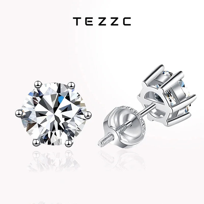 Tezzc 1ct 2ct Moissanite Earrings Studs for Women Men Screw Ear Stud 925 Silver With White Gold Plated Earring Fine Jewelry