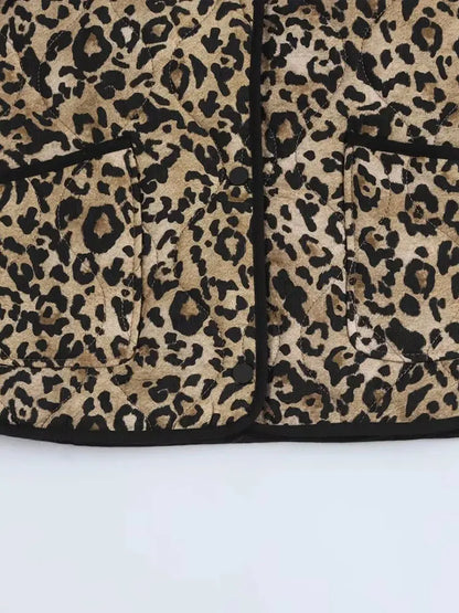 TRAF 2024 Autumn Retro Leopard Print Pockets Coats For Women Fashion Casual Long Sleeve Bomber Jacket Female Chic Outerwear