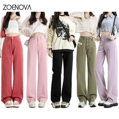 ZOENOVA Korean Long Trousers Casual Denim Pants Simple Female Spring Straight Loose Women's Wide Leg Jeans Pink Purple Red