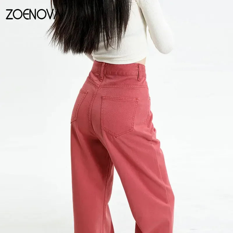 ZOENOVA Korean Long Trousers Casual Denim Pants Simple Female Spring Straight Loose Women's Wide Leg Jeans Pink Purple Red