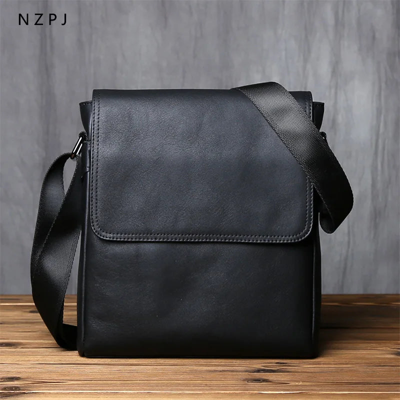 NZPJ-Leather Shoulder Bag for Men, Natural Cowhide, Vertical Crossbody Bag, Casual, Large Capacity, Flip, Zipper, 10 ", iPad