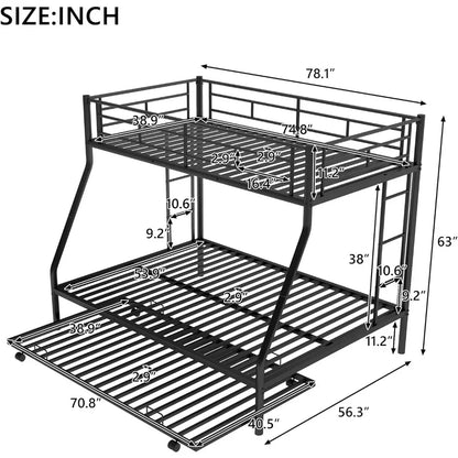 Twin over Full Bunk Bed with Trundle,Triple Bunk Beds with 2 Ladders&Full-Length Guardrail,No Box Spring Needed,Noise Free,Black