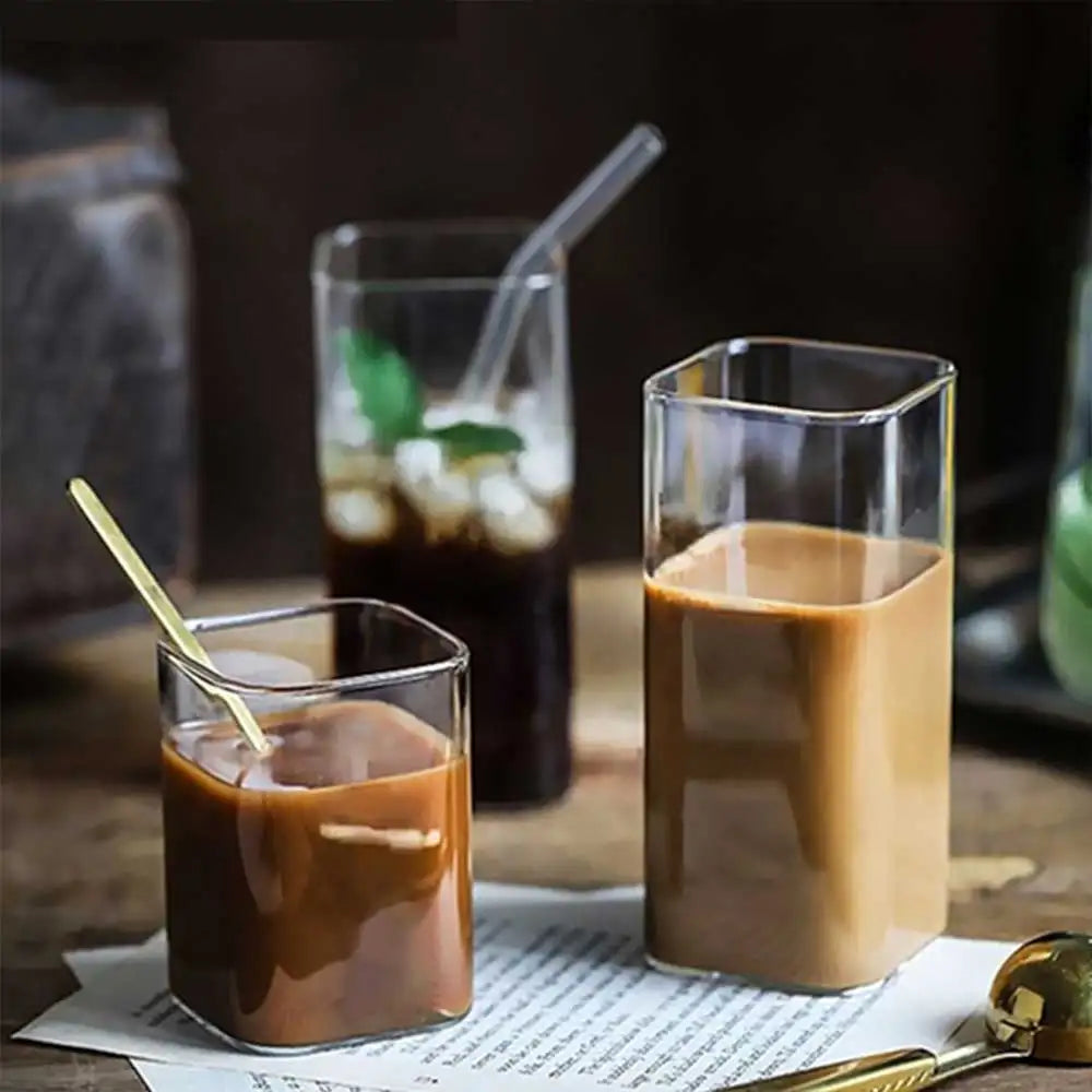 Square Glass Cup Coffee Mug Heat-Resistant Water Cups Wine Glass Transparent Tea Mug Cup for Drinking Milk Beertea Juice Dessert