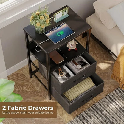 Nightstand with Charging Station, Bedside table with LED Lights, Night stand Fabric Drawers, Storage End Table for Bedroom