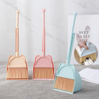 1 Set Mini Children Broom Dustpan Cartoon Flexible Bristles Kids Pretend Play Toddlers Indoor Outdoor Floor Sweeping Tool Kit