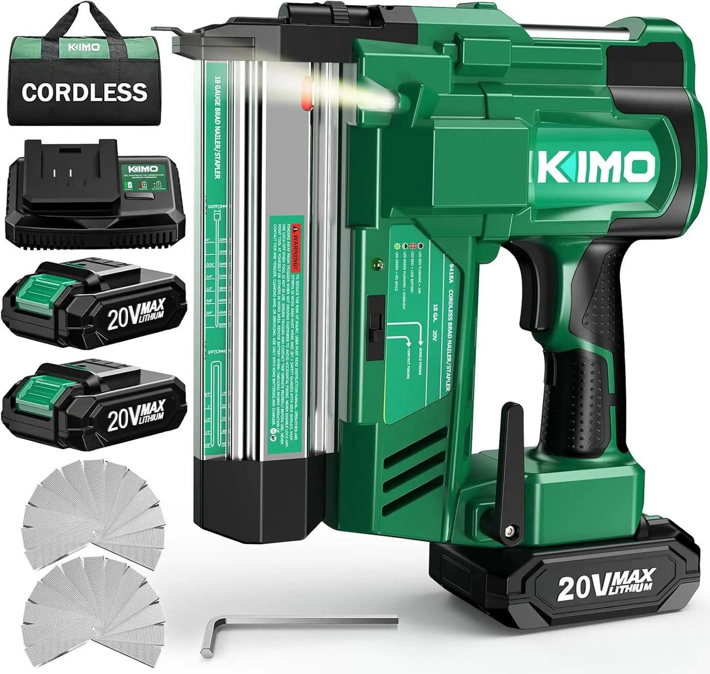 KIMO 18 Gauge Nail Gun Battery Powered w/ 2 X 2000mAh Battery, 1000pcs Nails and Staples, 2 in 1 Cordless Brad Nailer/Electric S