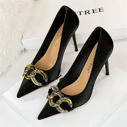 Women 7.5cm 9.5cm High Heels Escarpins Pumps Lady Metal Chain Low Heels Nightclub Slim Fit Party Green Office Prom Shoes