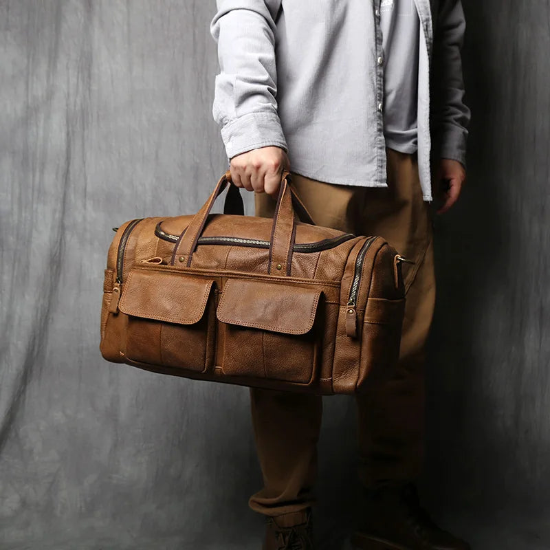 NZPJ Retro Men's Hand Luggage Bag Leather Travel Bag Top Layer Cowhide Large Capacity One Shoulder Messenger Bag Casual Laptop