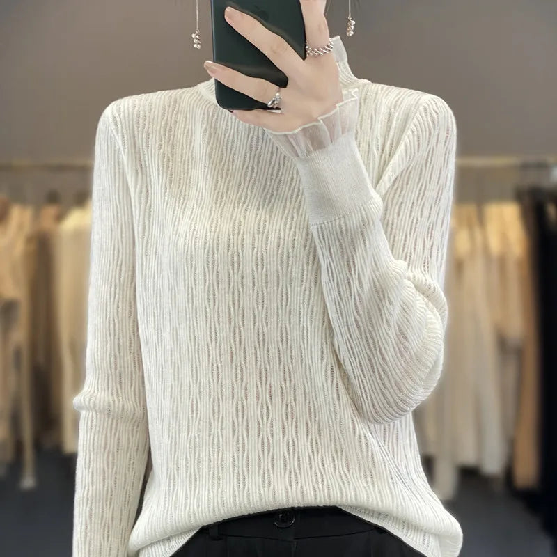 Women New Fine Wool Silk Sweater Lace Half-high Collar Hollow Out Pullover Spring Autumn Bottoming Shirt Knitting Top