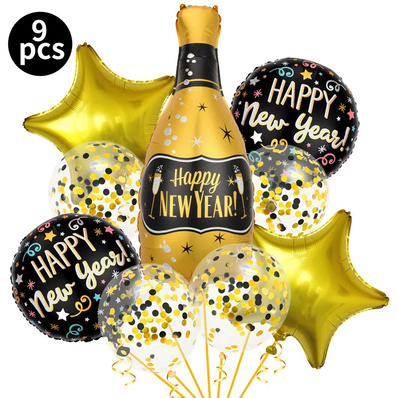 1set Happy New Year Wine Bottle Foil Balloons confetti balloons Christmas Happy New Year Party Decoration 2025 New Year balloons