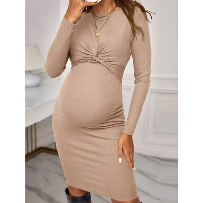 New Hot Sell Round Neck Tight Solid Color Short Maternity Dress Long Sleeve Knitted Maternity Dress