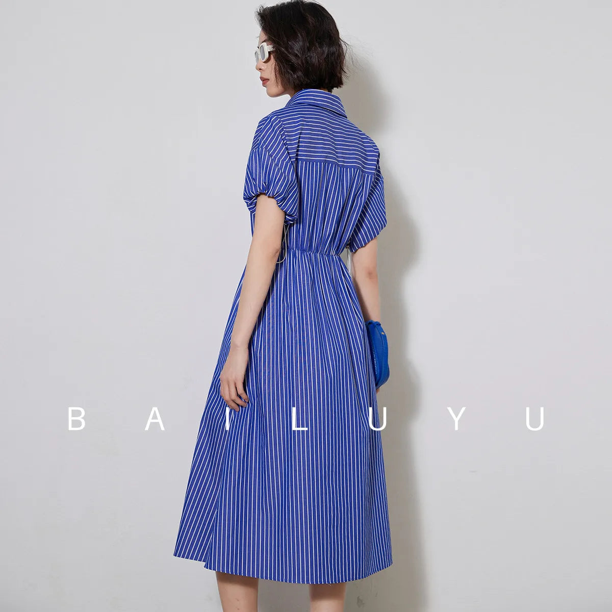 LOUIS YAO Women Shirt Style 100% Cotton Dress Summer Striped Casual Dress French Style A-line Short Sleeve Long Dress