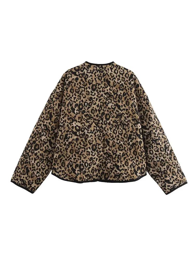 TRAF 2024 Autumn Retro Leopard Print Pockets Coats For Women Fashion Casual Long Sleeve Bomber Jacket Female Chic Outerwear