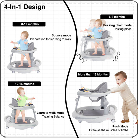 UBRAVOO Foldable Baby Walker with O-shaped legs & multi-function Rollover prevention, 6-18 Months, Adjustable Height, Music Toy