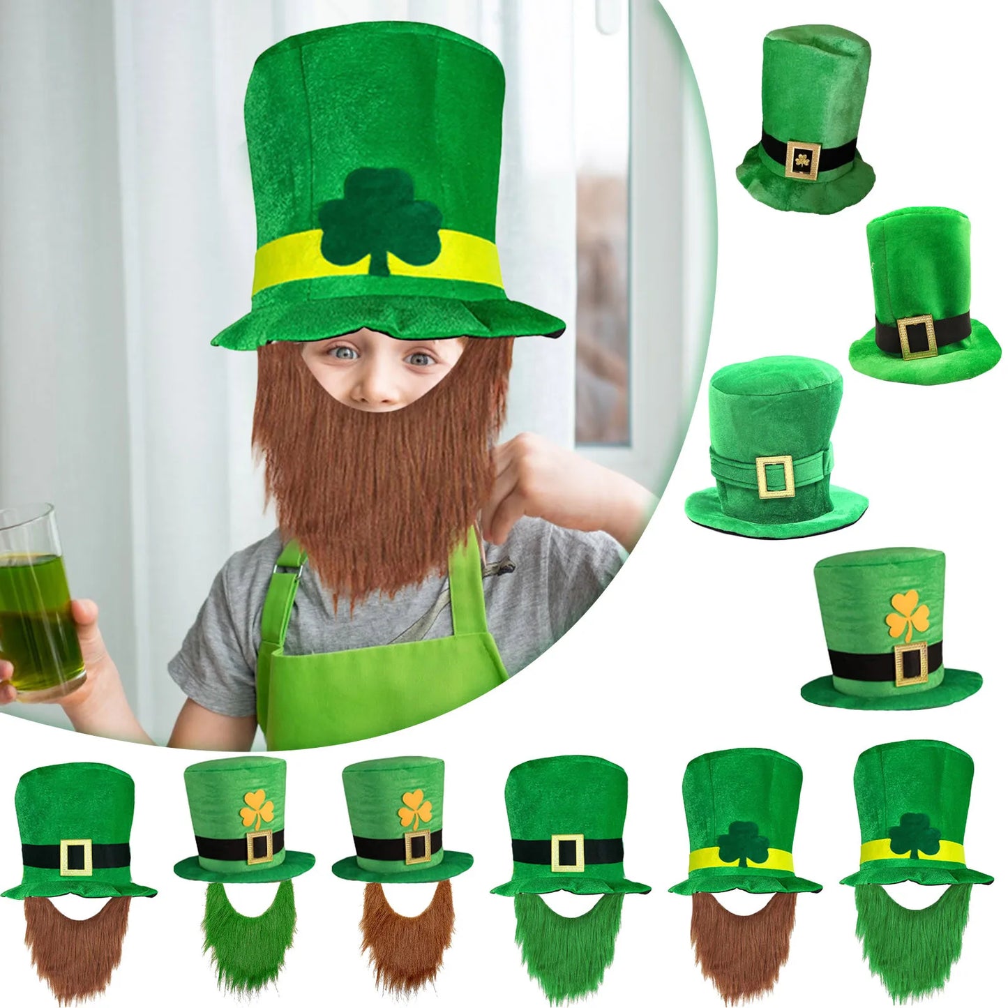 Saint Patricks Day Top Hat Holiday Fake Beard Green Celebration Costume for Irish Festival Birthday Party Decor Supplies