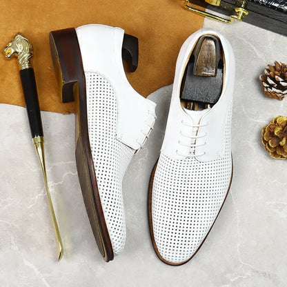 Men's Business Casual Oxford Shoes Real Cow Leather Comfortable Breathable Hollow Soft Leather Summer Shoes White Wedding Shoes