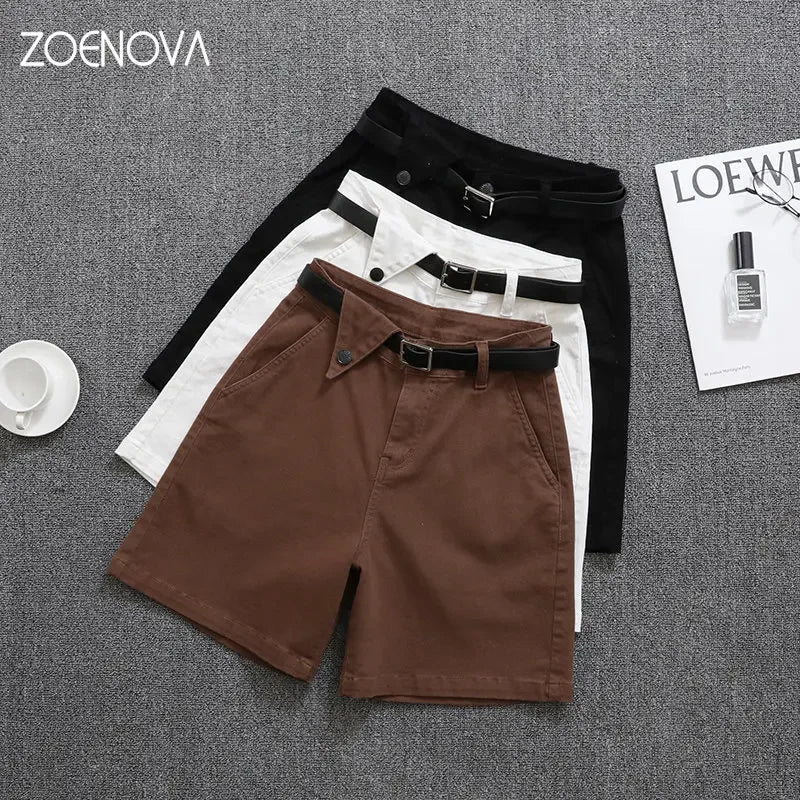 ZOENOVA Stretch Women Five Point Wide Shorts Jeans Belt Solid High Loose Streetwear Denim Y2K Clothing Black Coffee Ladies