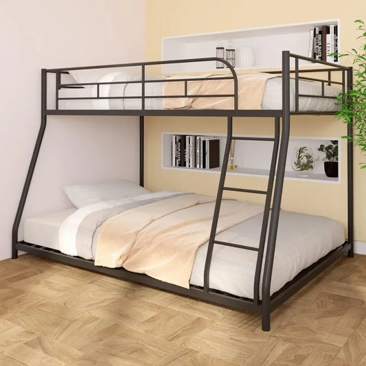 Bunk Bed Twin Over Full Sturdy Steel Metal Bed Frame with Flat Ladder and Guardrail for Children/Teens/Adults Black