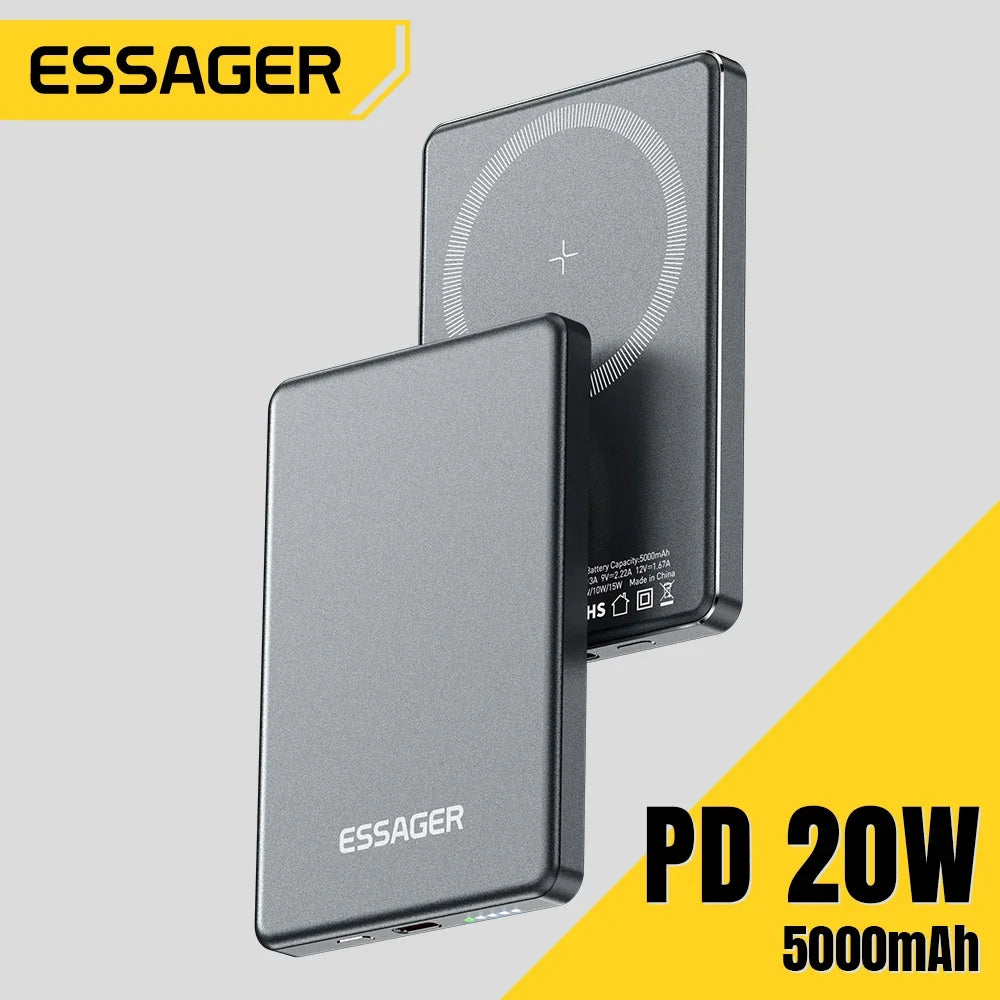 Essager Thin Wireless Power Bank Magnetic 20W 5000mAh Portable Fast Charging External Battery for Magsafe For iPhone 15 14 13 12