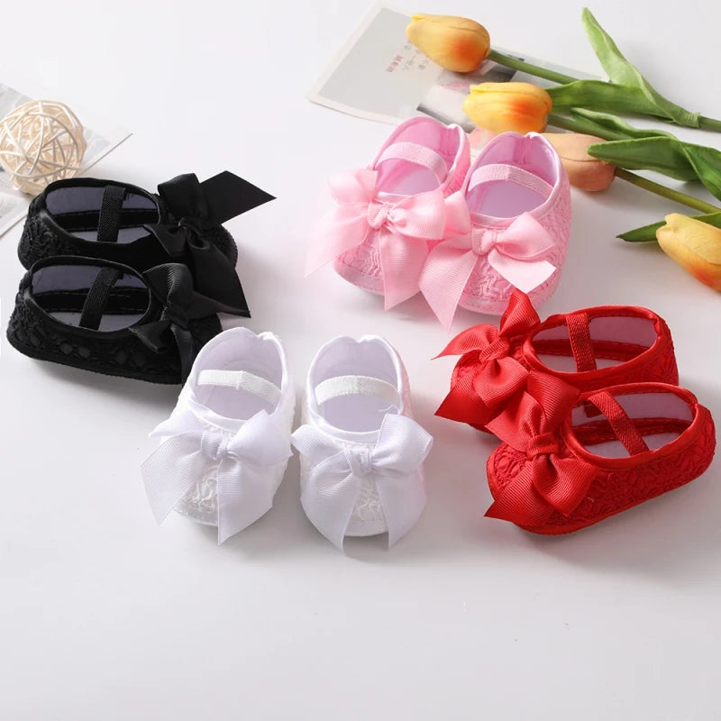 Infant Baby Girl Satin Bowknot Princess Shoes + Headband Set Soft Sole Shoes Lovely Princess Lace Non Slip Walker 0-18M