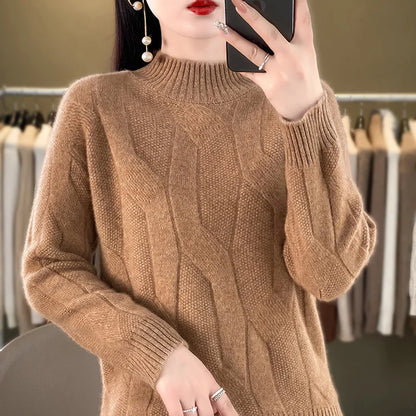 Women's Soft Wool Sweater Half-high Collar Twisted Thickened Pullover Autumn Winter Casual Basis Top Cashmere Female Knitwear