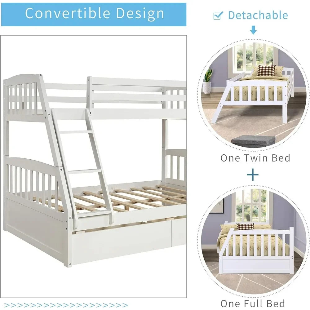 Solid Wood Twin Over Full Bunk Bed with Two Storage Drawer,Convertible to 2 Separated beds (White) bunk beds for kids