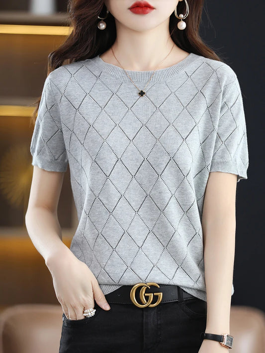 Women New Summer Short-sleeved Tees O-Neck Slim 100% Cotton Diamond Hollow Pullover T-shirt Knitted Base Casual Sweater