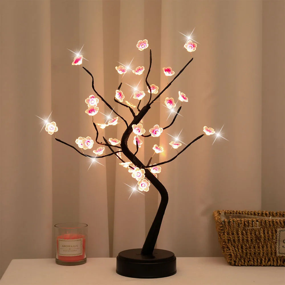 Table Tree Night Light USB/Battery Powered Touch Switch Artificial Bonsai Cherry Blossom Desktop Tree LED Lamp Light Decoration