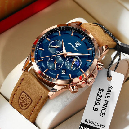 POEDAGAR Men Quartz Watch Luxury Sports Waterproof Chronograph Luminous Date Man Wristwatch Business Leather Men's Watches Clock