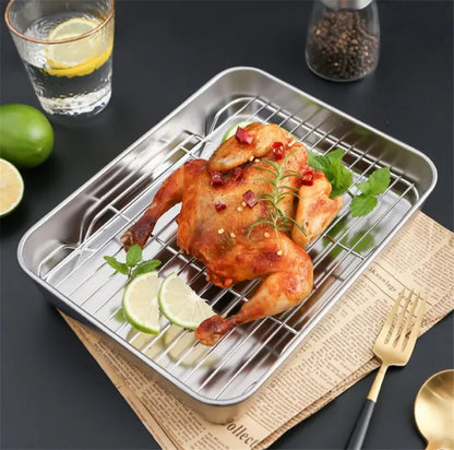 304 Stainless Steel Baking Tray Plate Bbq Tray With Removable Cooling Rack Set Baking cake Pan Sheet Non Toxic Oven Dishwasher