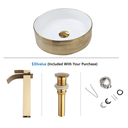 YANKSMART Gold Round Ceramic Bathroom Basin Vessel Vanit Countertop Golden Sink Mixer Waterfall Faucet w/ Pop-up Drain Combo Kit