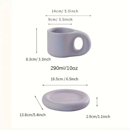 1set 400ml Ceramic Coffee Chubby Mug Saucer Set Creative Cute Fat Handle Cup With Saucer For Office And Home Room Decor