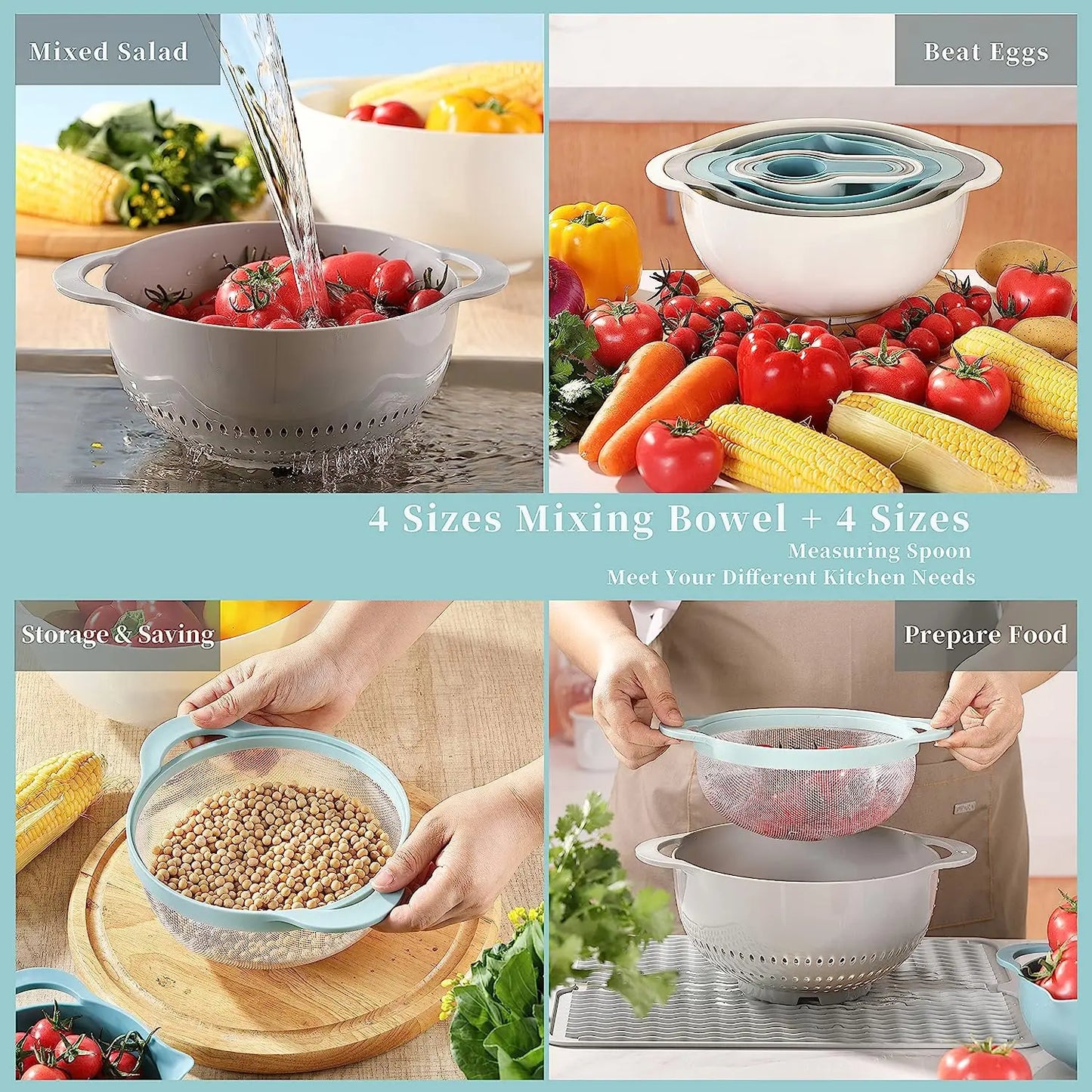 8PCS Plastic Mixing Bowl Set, includes 2 Mixing Bowl, 1 Colander, 1 Sifter and 4 Measuring Cups, for Kitchen, Baking and Cooking