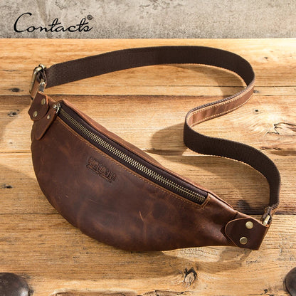 CONTACT'S 100% Crazy Horse Leather Waist Packs Travel Fanny Pack For Men Leather Waist Bag Male Belt Bag Multifunction Chest Bag