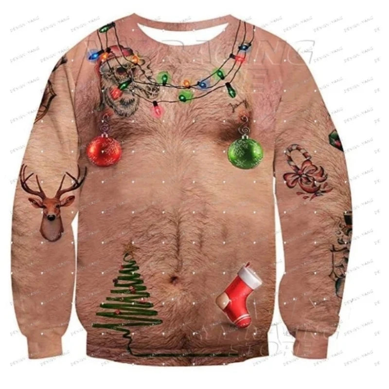 Christmas Funny New Year Ugly Man Pullover Xmas With Chest 3D Print Autumn Warm Streetwear Sweatshirts Clothes For Men Clothing