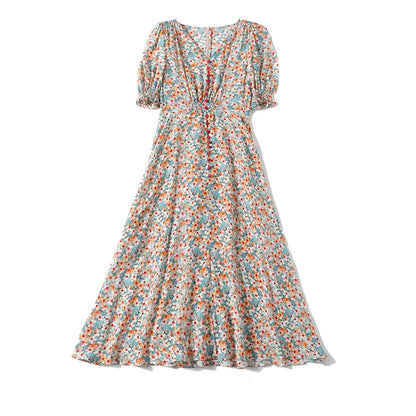 Women's French LadyStyle Dress, 100% Mulberry Silk, Shirring Floral Printing, Puff Sleeve Split Midi Dresses, Retro Robe, Summer