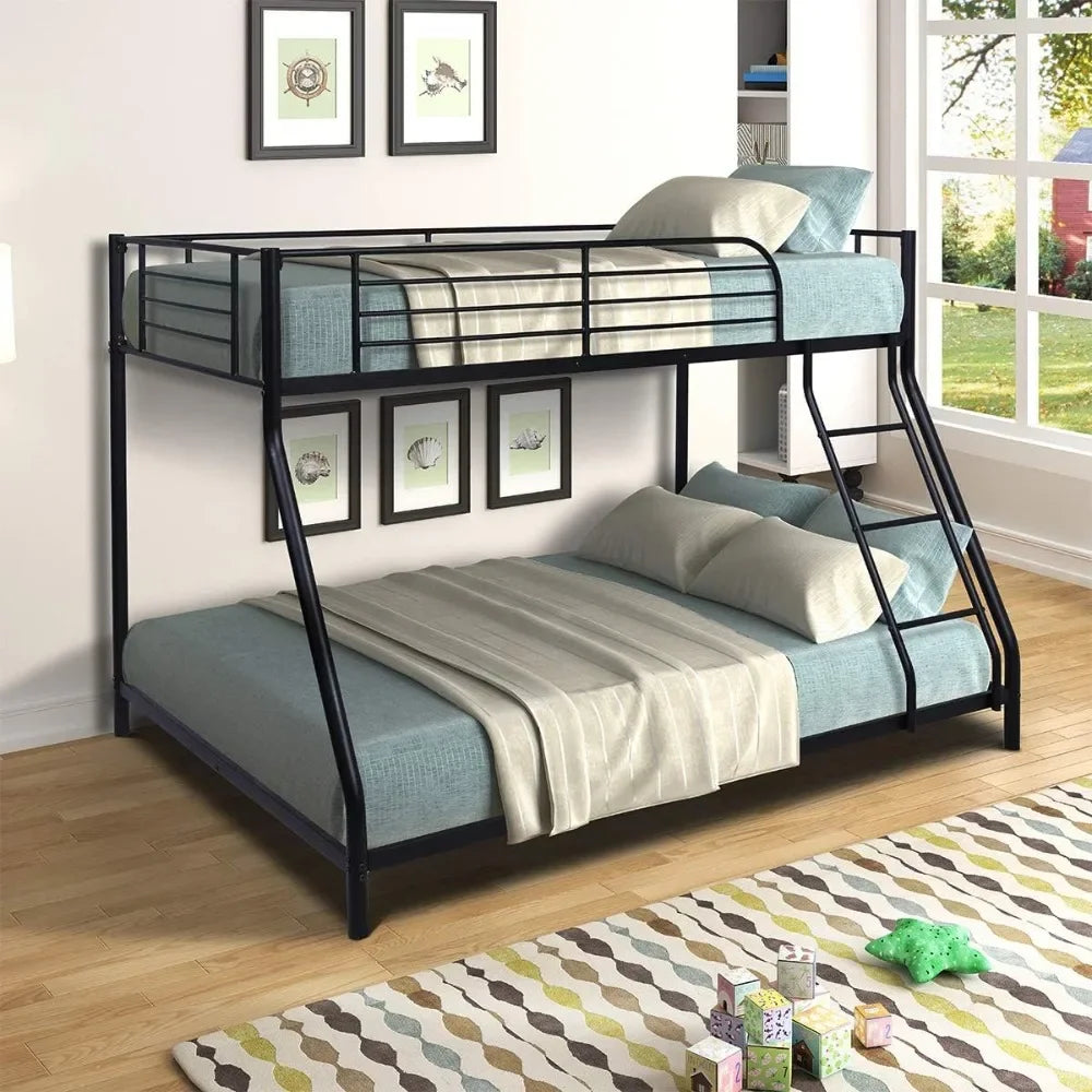 Bunk Bed Twin Over Full Sturdy Steel Metal Bed Frame with Flat Ladder and Guardrail for Children/Teens/Adults Black