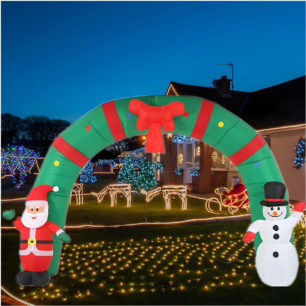 3.1M Christmas Inflatable Archway with Santa Claus and Snowman Airblow Arch，Built-in Led for Yards Outdoor Party Decoration