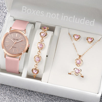 Women's Watch Fashion Matte Dial Casual Leather Band Quartz Watch with Diamond Heart Jewelry Set（Without Box）